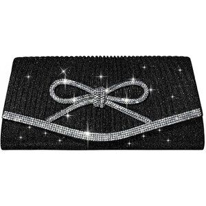 Women Bow Black Imported Magnetic Purse Rhinestone Envelope Party Handbag